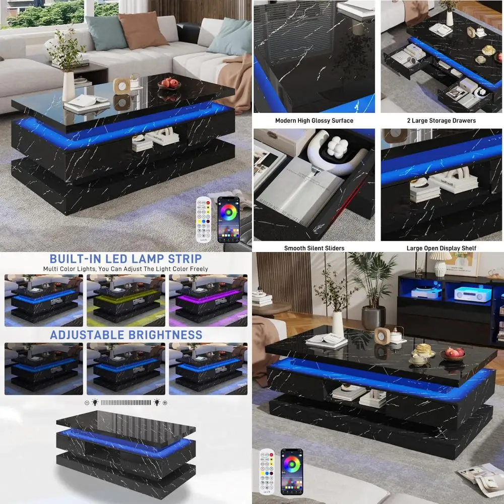 LED Coffee Table Modern High Glossy 47.2 Inch with Sliding Drawers, Double-Layer Center Table, LED Lights for Living Room Decor