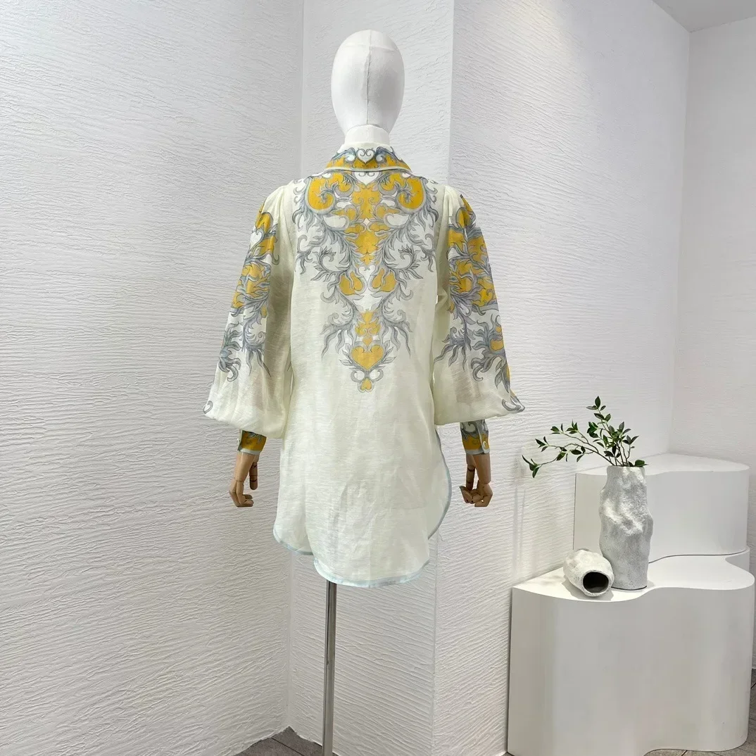 Silk Linen Summer 2024 High Quality Position Floral Print Long Lantern Sleeve Blouse and Folds Skirt Women Vintage Sets