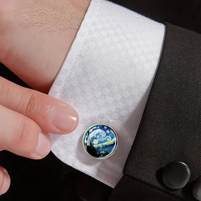 

1 Pair Cufflinks Van Gogh Oil Painting Pattern Black Simple Men's Jewelry Suit Accessories Artist Father's Day Gift