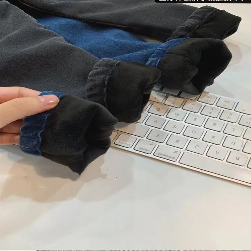 

Autumn and Winter Velvet Girl Jeans Pants Elastic Waist Jeans Pants Warm Children's Retro Thick Children's