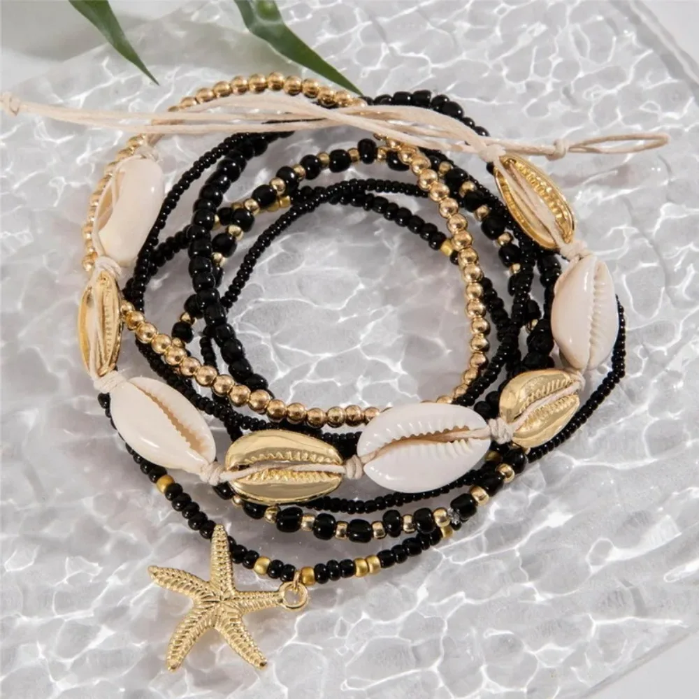 Bohemian Beach Rice Beads Elastic Anklet Charm Alloy Anklet Set 7pcs 16.54/2.76in Stretch Holiday Starfish Multi-layer ankle chains silver anklet bracelet beads anklet fashion accessories bead bracelet