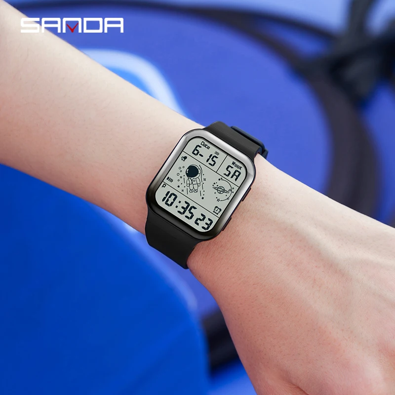 SANDA Men Watch Digital Creative Square Women Watch Sports Military Electronic Wristwatch 50M Waterproof Multifunction Clock 5