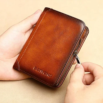 Portafoglio Vintage in Vera Pelle di Vacchetta per Uomo, Portamonete da Viaggio con Cerniera Anti RFID, Regalo per Uomini