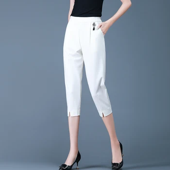 Quality White Cropped Pants With Elastic Waist for Women's Loose Fitting Summer Fit 2023 New Oversized Slim5XL Fit Versatile 1