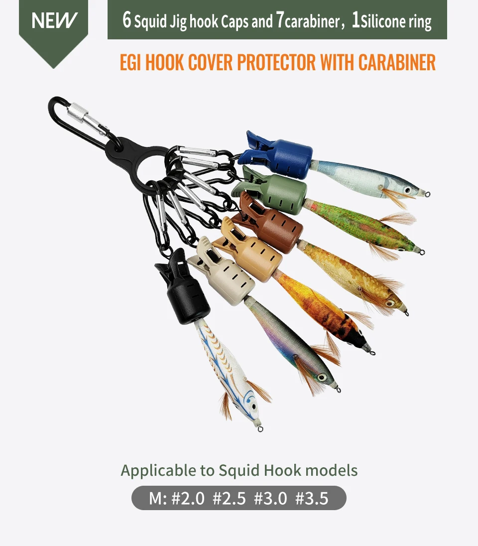 Description Picture 2 of itemNew M# Squid Jig Bait Protector 6pcs Webfoot Octopus Egi Hooks Cover Cuttlefish Umbrella Lure Cap with Carabiner Sea Tackle