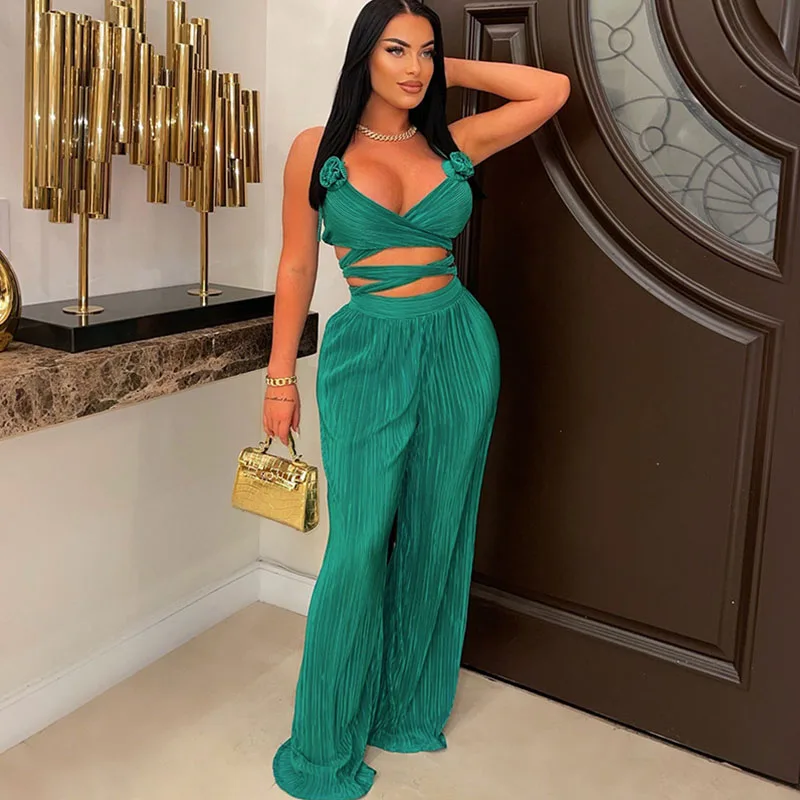 

Elegant Pleated Festival Outfit Womens 2 Piece Outfit Set Appliques Lace-up Crop Top and Wide Leg Pants Matching Sets Clubwear
