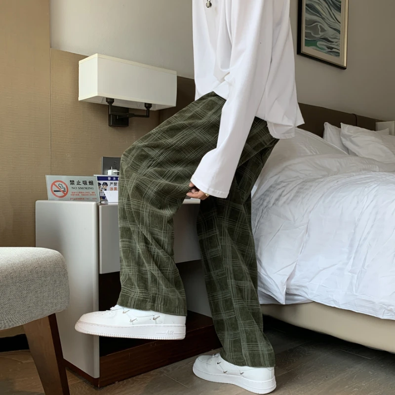 Wide Leg Pants Men Casual High Street Ins Fashion Plaid Korean Style Elastic Waist