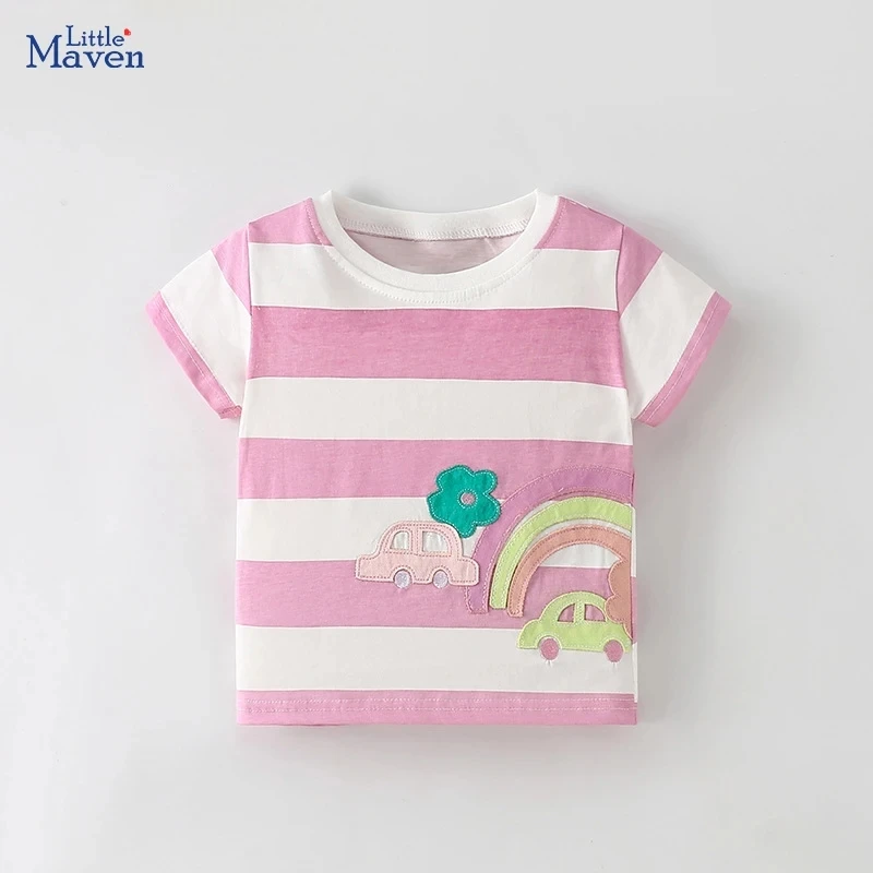 

Little maven Summer Western Style Casual Children Tees Cartoon Rainbow Car Girls Tops Kids Clothes Baby Girls Striped T-shirts