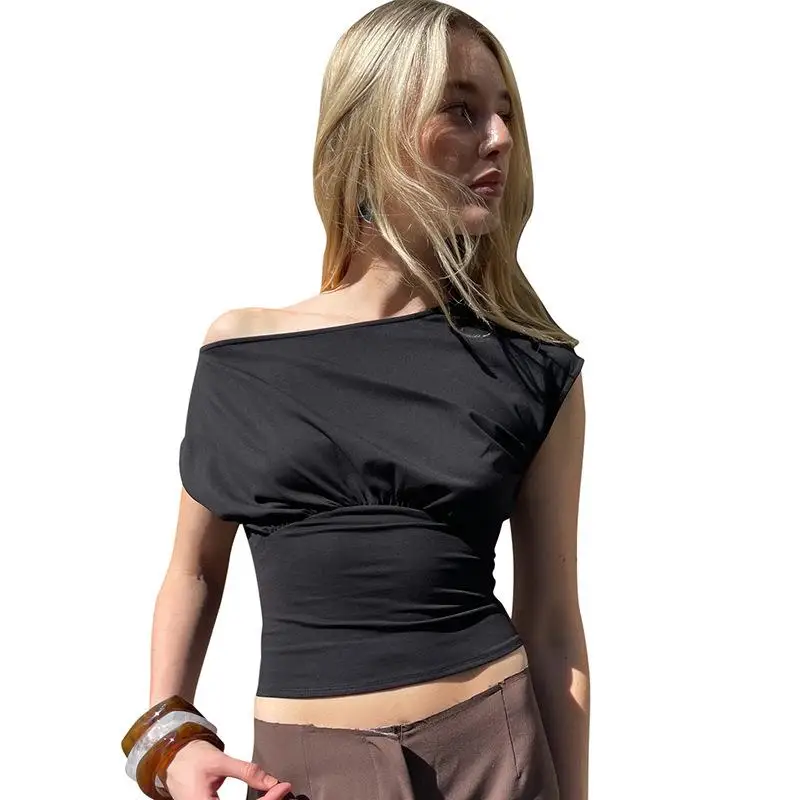 Y25TP26 Women's Summer New Pure Color Single oulder T-irt Gathered Waist Slant Collar Top Faionable ort Length