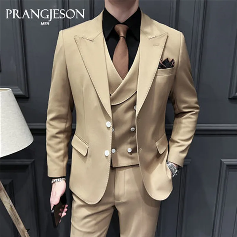 

3 Pieces Suits Complete Men Blazer Sets Khaki Single Breasted Slim Fit For Groom Wedding Tuxedo Costume Homme Mariage 2022 New
