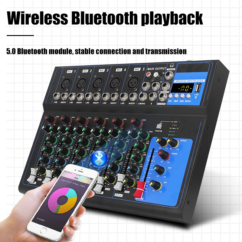 미니 오디오 D 믹서 사운드 보드 콘솔 시스템, 4/7 채널 팬텀 파워, USB MP3 스테레오 라이브 DJ 스튜디오 스트리밍용