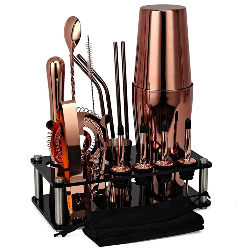 18 Pcs Gold Black Rose Gold 750ml 600ml Cocktail Shaker Bar Boston Bartending Kit Shakers Mixer Jigger Wine Stopper with Stand