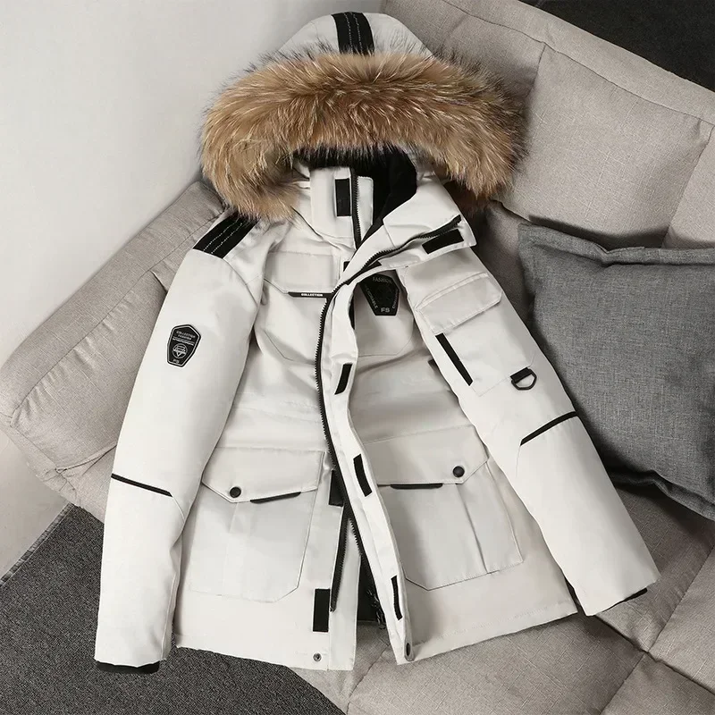 Winter Down Jacket Men 90% White Duck Parkas Coat Mid-length Fur Collar Thicken Snow Overcoat-30 Degree