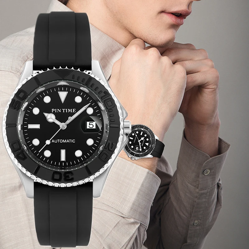 PINTIME Sports Men Mechanical Wristwatch Luxury Automatic Watch Men's Stainless Steel Waterproof Watch Man Gift