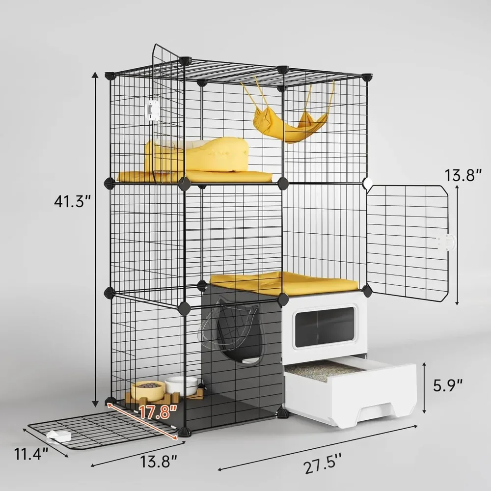 Cat Cage Indoor with Litter Box 3-Tier DIY Cat Detachable Metal Wire Kennel Crate Large Exercise Place Ideal for 1-2 Kitten