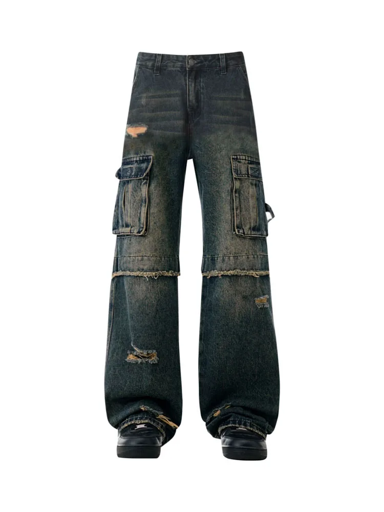 

Брюки-карго в американском ретро стиле, повседневные Прямые Синие рваные брюки с высокой талией в стиле 1920-х, в стиле Харадзюку, классические