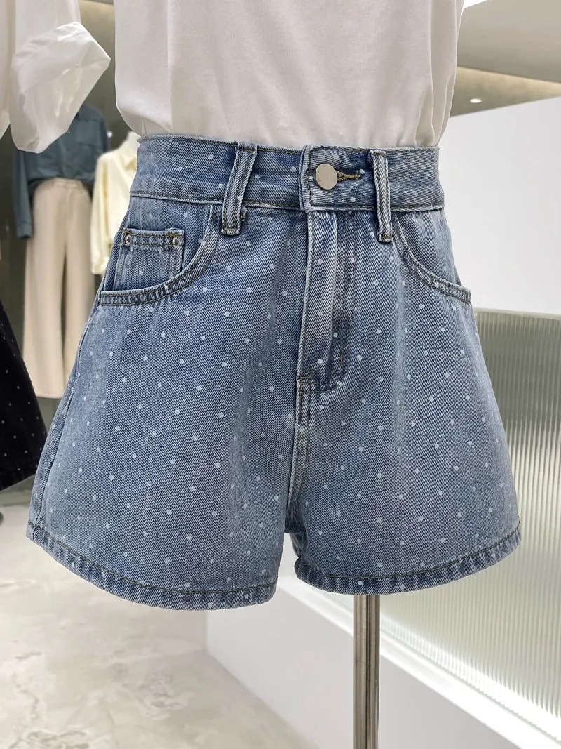 Korean Style Long Leg Fashion Polka-Dot High Waist Denim Shorts Women's Summer New Sweet And Cute Slimming Wide Leg Booty Pants