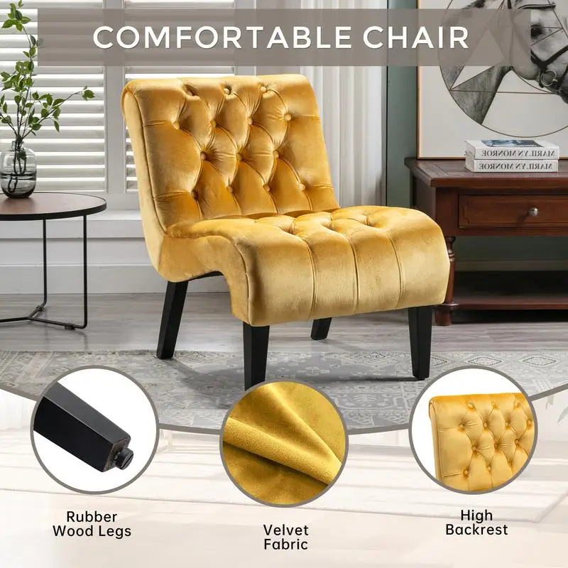 Modern Velvet Armless Accent Chair, Upholstered Fabric Button Design, Comfortable Wooden Leg Chair for Living Room, Bedroom, 3