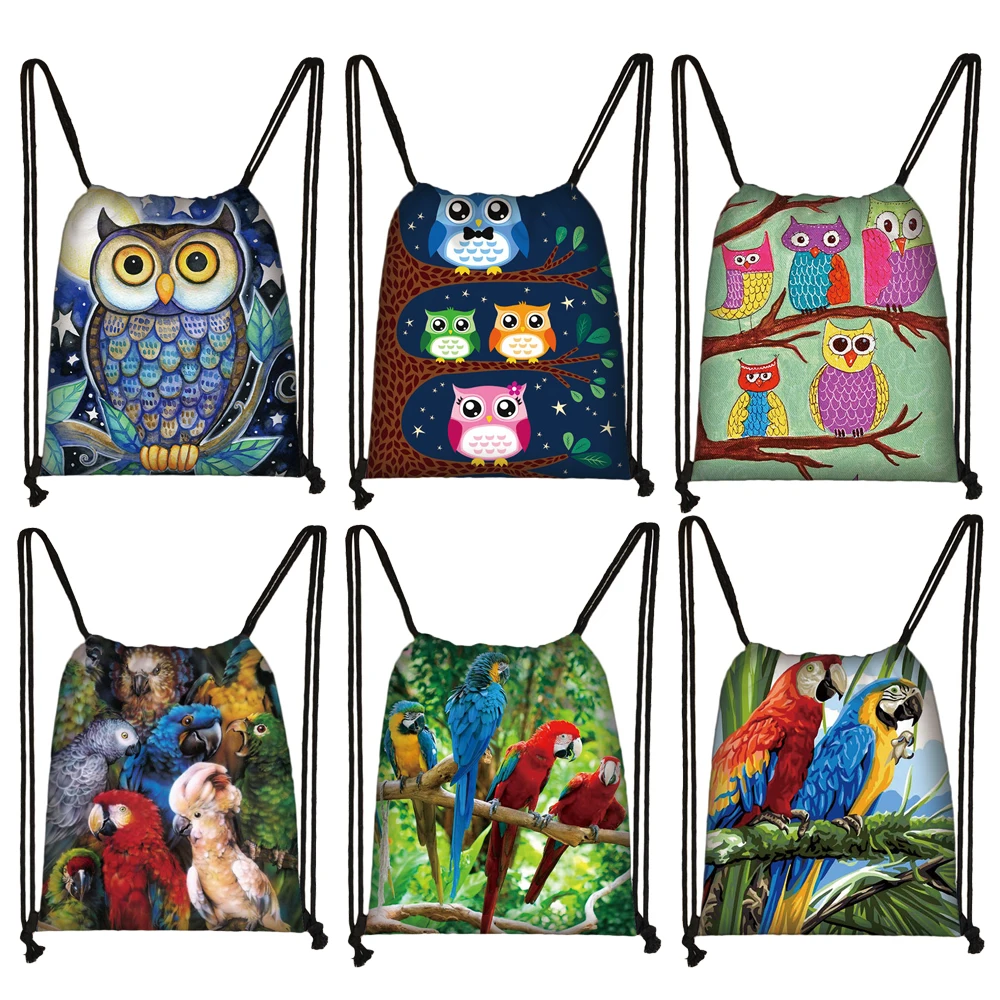 

Сумки на шнурке с тропическими птицами, совами/попугаями, женские портативные рюкзаки с милым рисунком животных для путешествий, студентов, сумка для обуви, сумка для книг