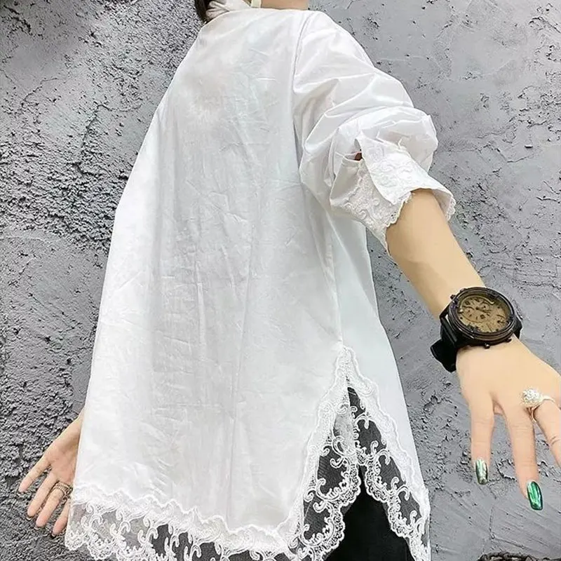 Fashion Lace Spliced Blouse Basic Solid Color Women's Clothing Turn-down Collar Spring Autumn Single-breasted Korean Split Shirt
