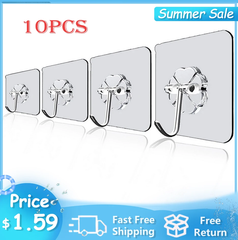 10 Pcs Hooks Transparent Strong Self Adhesive Door Wall Hangers Hooks Suction Heavy Load Rack Cup Sucker for Kitchen Bathroom 