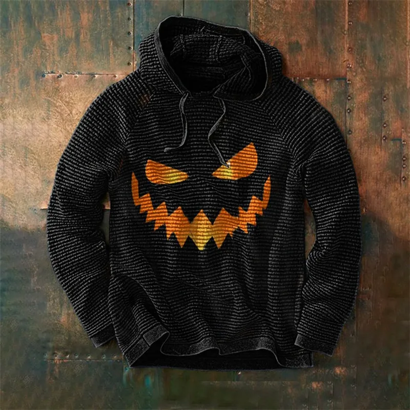 Halloween Sweater Men's Patchwork Hoodies Pit Cloth Sweatshirt Pumpkin Print Patchwork Sweater Men Halloween Party Clothing