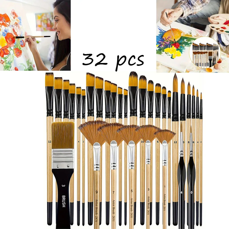 32-teiliges Künstler-Pinselset mit Premium-Nylonborsten, Rund-, Flach-, Fächer- und Feindetailpinseln für Künstler – Detail 1