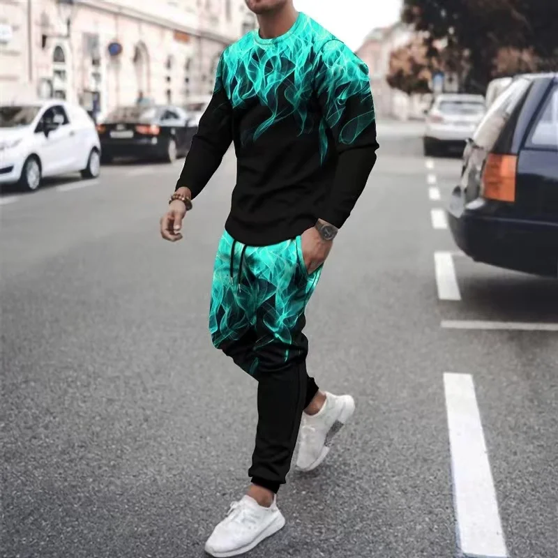 Summer 2 Piece Sets Sport Tshirts Joogers Men's Tracksuit Colored Flame Pattern 3D Printed Long-Sleeved T-shirt Trousers Casual
