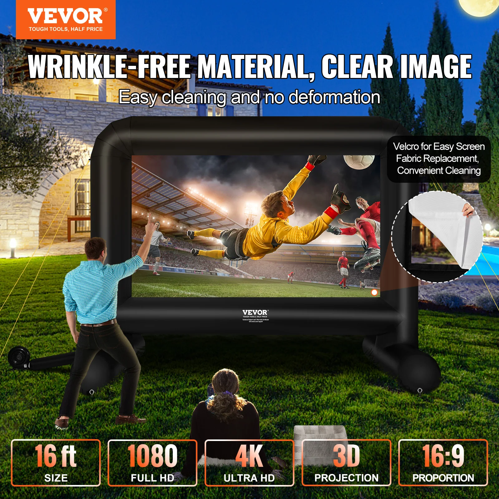 VEVOR Inflatable Movie Screen 14/16 FT Inflatable Projector Screen for Outside w/ Blower for Outdoor Party Backyard Movie Night projector screen projection screen