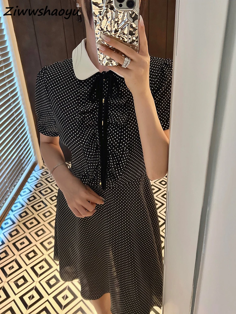 

High Quality Summer Women Fashion Runway Designer Lantern Short Sleeve Shirring Ruffles Trim Hem Polka Dot Printed Silk Dresses