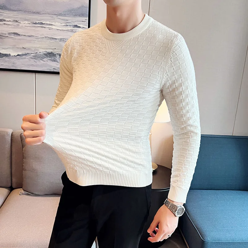 남성용 스트레치 자카드 우븐 O넥 스웨터, 슬림 핏 와플, 긴팔 니트 풀오버, 캐주얼 스트리트웨어, 가을, 겨울