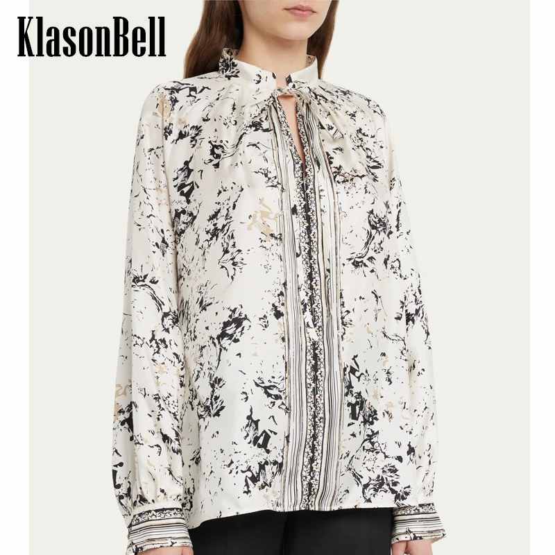 

1.5 KlasonBell Temperament Stand Collar Lace-up Bow Design Shirt Women Elegant Print Side Split Silk Blouse 2024 Spring New