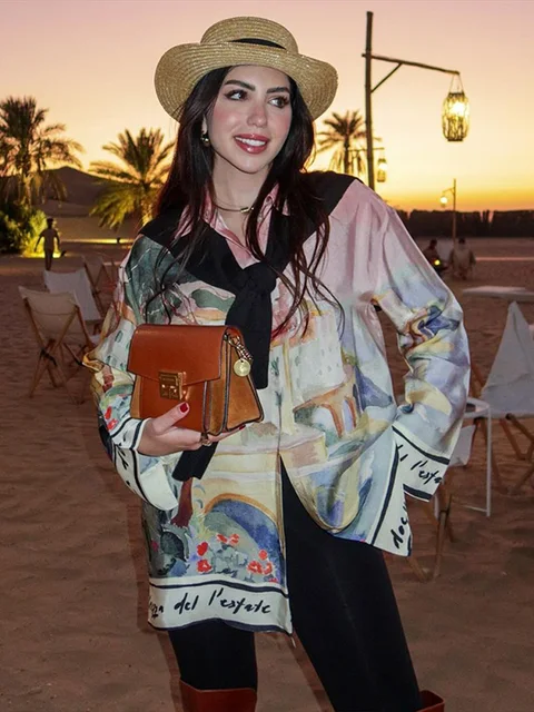 Fashion Floral Women's Two Piece Suit Turn-down Collar Long Sleeve Single Breasted Top Short Pants 2025 Summer Lady Causal Set 4