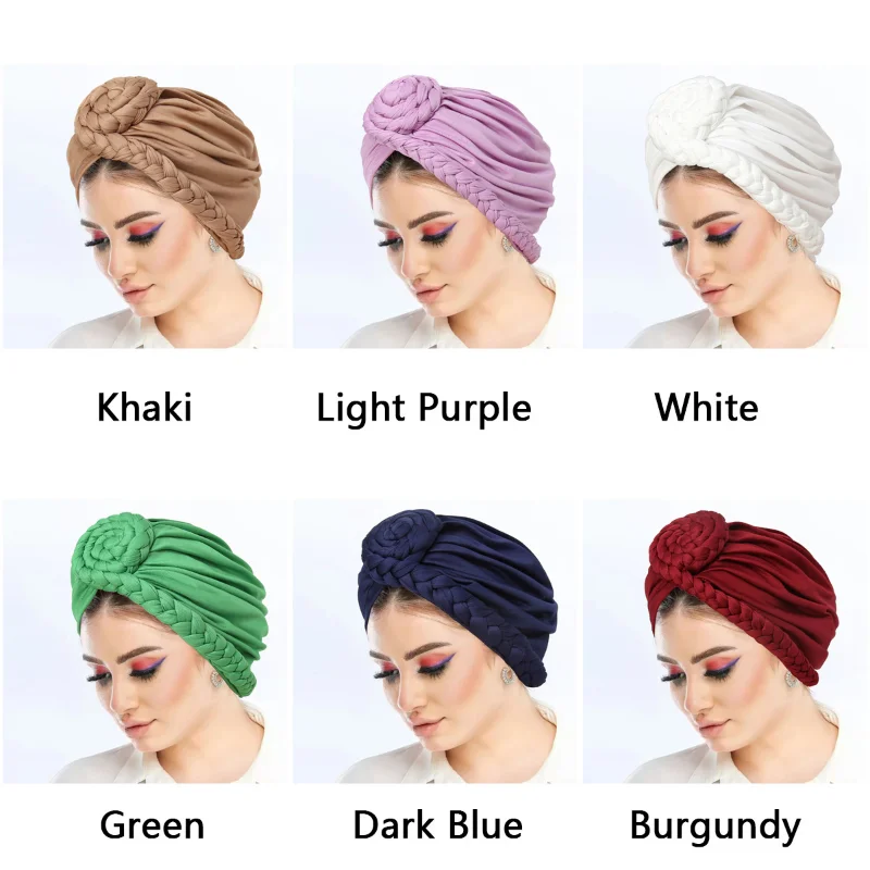 KepaHoo Solid Color Braided Women Hijab Caps Muslim Wrap Head Turban Bonnet Fashion Headdress Islamic Clothing Accessories 6