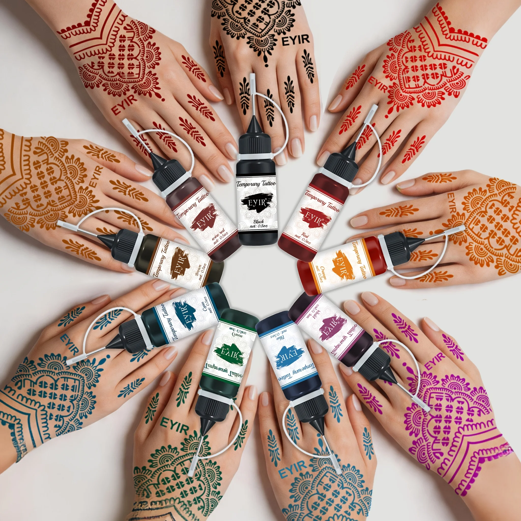 Kit di 12 Colori di Pasta per Tatuaggi all'Henné con Stencil per Body Art - immagine 2