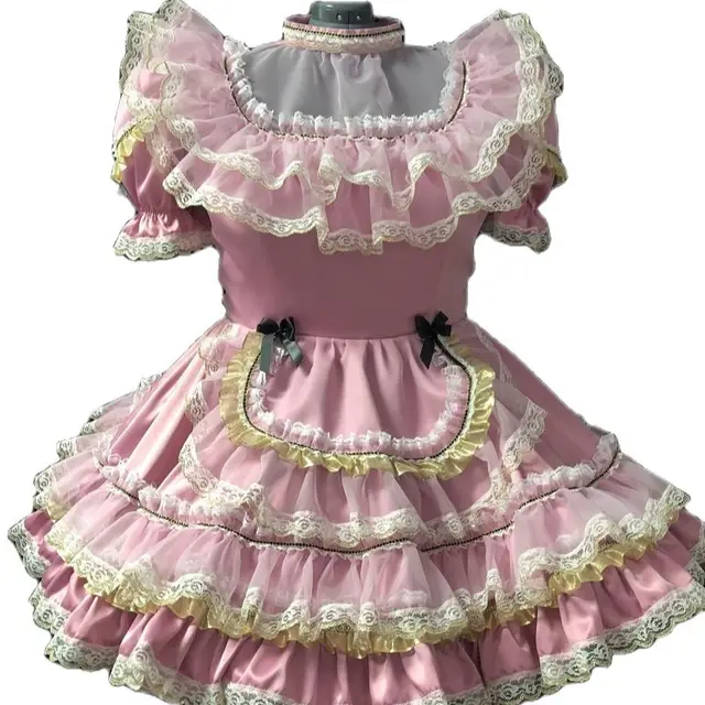 Pink Satin Shalin Bubble Sleeve Maid Adult Sissy Dress Lovely Sweet Ruffle Cake Skirt