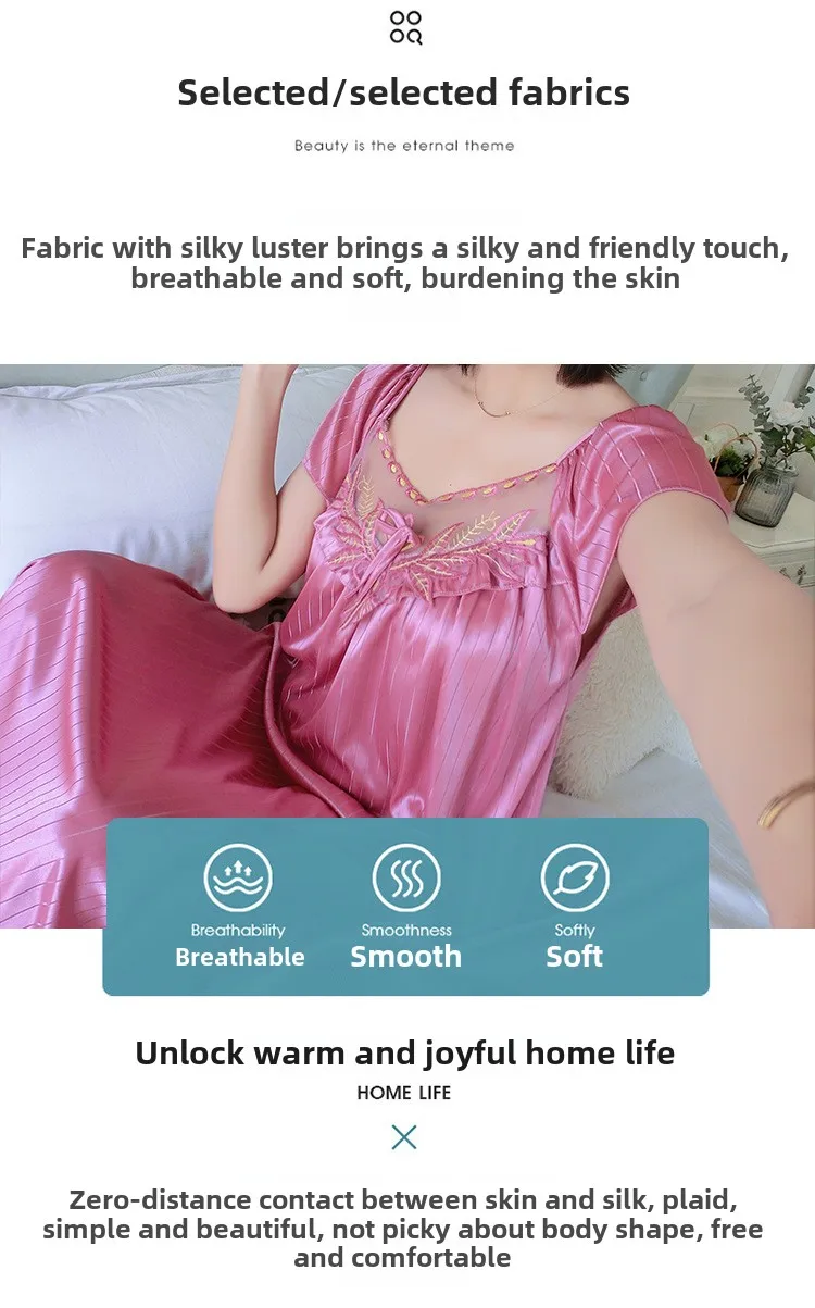 Ladies Nightdress Sexy Ice Lace Large Size Solid Color Flower Pajamas Thin Short-sleeved Lace Skirt Night Dress Women Dress