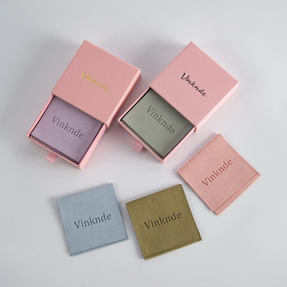 100Sets Jewelry Packaging Mini Envelope Flap Microfiber Jewelry Print Logo Pouch and 100pcs  Pink Drawer Print Logo Paper Box