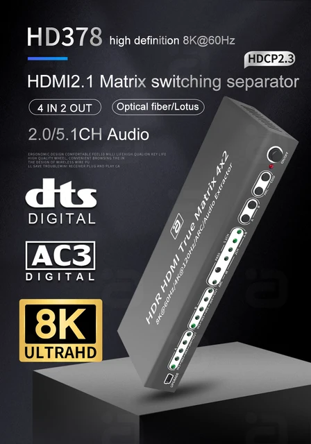 HD378PRO HDMI 2.1 Matrix 4×2 4k@120hz Switch Splitter HDMI 8K Hdmi Switcher  Splitter With HDR 10 ARC For Dolby Atmos PS5 XBOX DTS HD AC3-AYINO  Technology Co., Ltd.