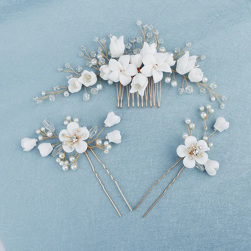 White Ceramic Flowers Updos Hair Pins for Bride Bridesmaids Flower Girls Handmade Headdress Hairpin Accessories for Bride