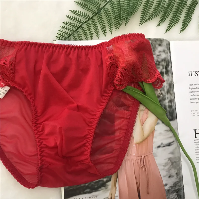 New Plus Size Mid Waist Panties for Men Gay Sexy Underwear Sexy Translucent Lace Satin Silk Briefs Big Pantie Male 4