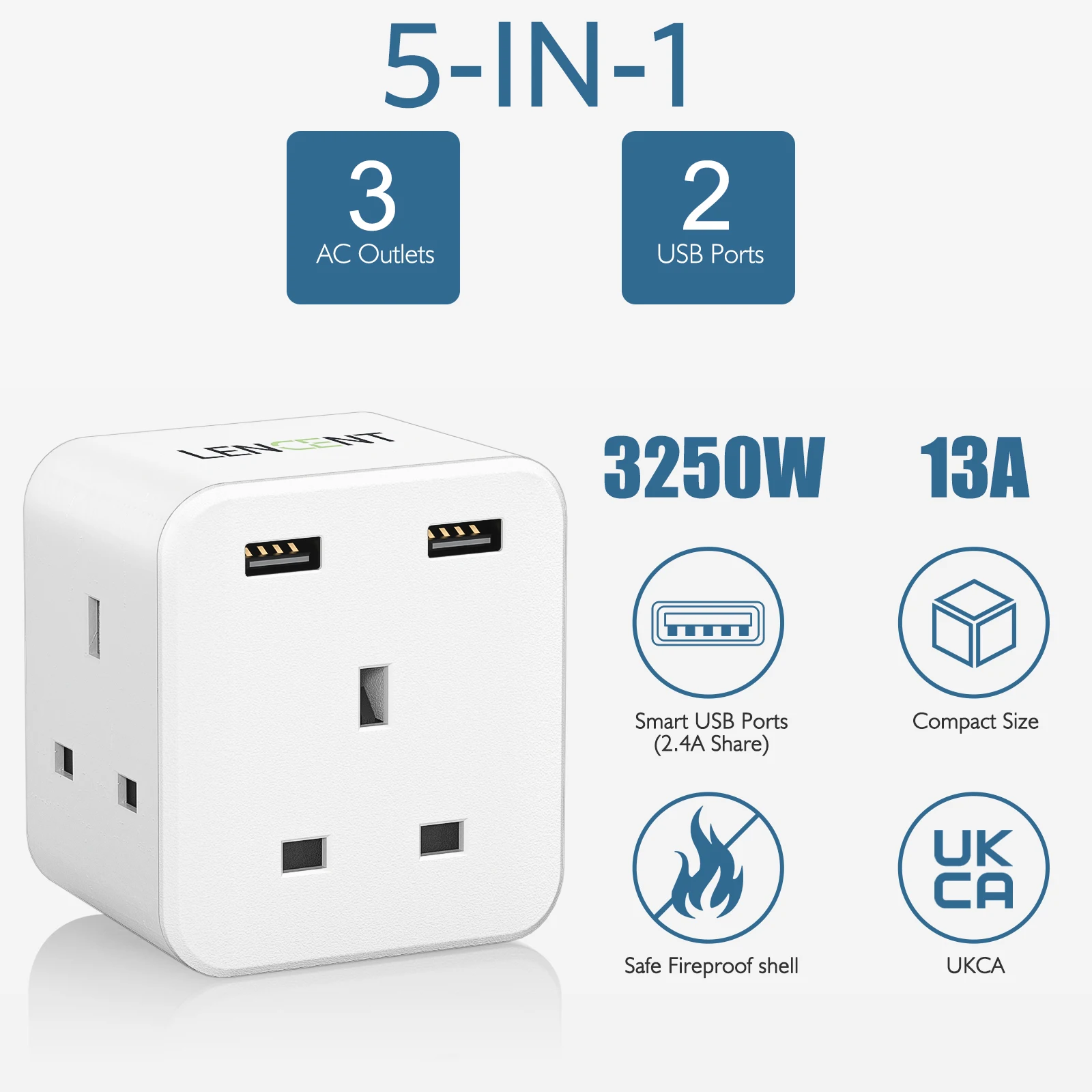 LENCENT UK Plug Power Strip 3 AC Outlets 2 USB Ports for Home Office