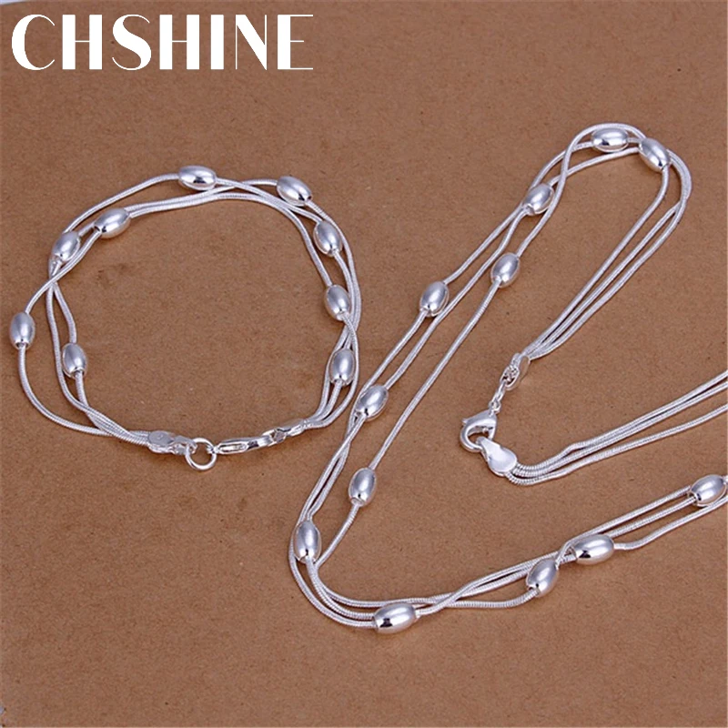 925 Sterling Silver Fringed oval beads Chain Bracelets necklace Jewelry set for women