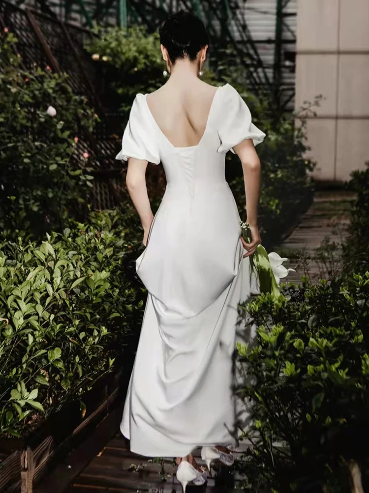 Satin Wedding Gown A-Line Sweetheart Puff Sleeve Wedding Dress Ruched  ウデングドレス Sweep Train Lace-Up  Simple Bride robe de mariée