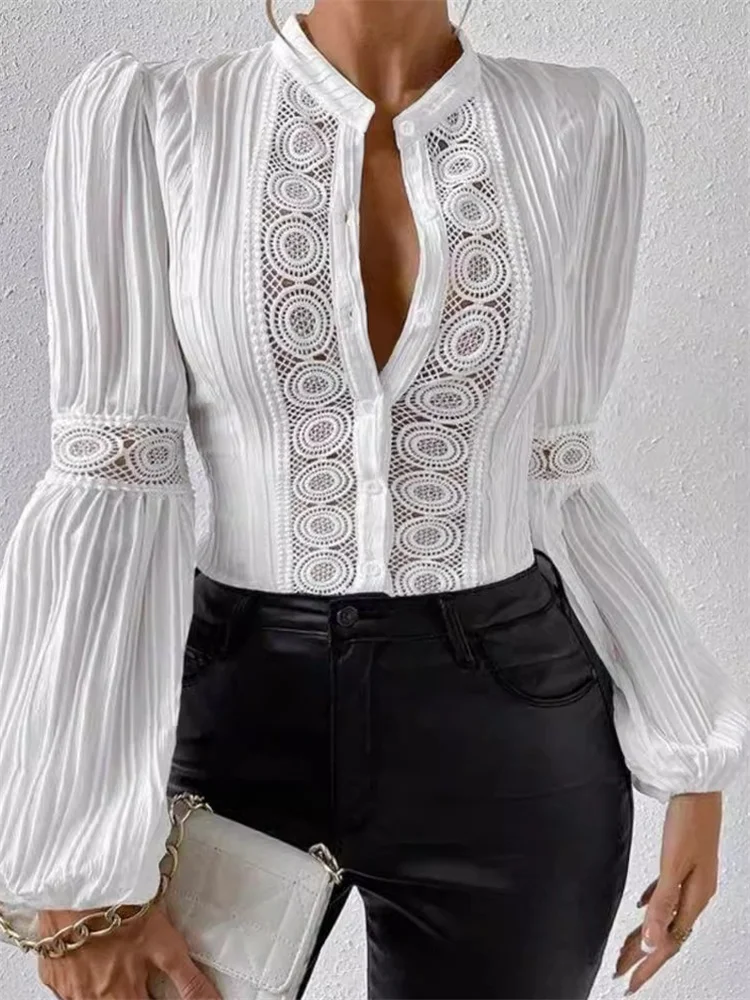 Wmstar Women Top Wholesale Lace Patchwork Lantern Long Sleeved Solid Color Stand Up Collar Shirt Dropshopping Fall Clothing