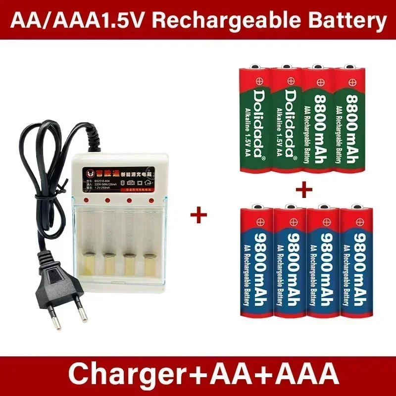 

New alkaline AA/AAA 1.5V 9800mah/8800mah rechargeable battery for LED lights with chargers etc., toys, mp3, etc