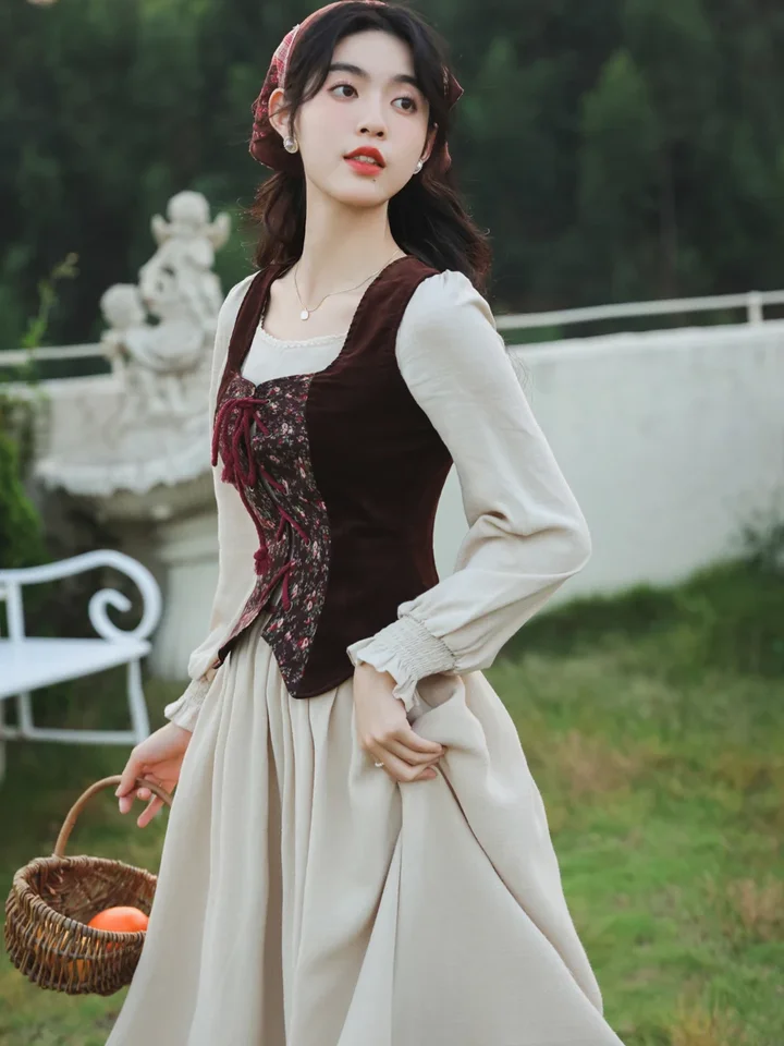 Mori Girl Cottage Style Corset Dress Vintage Oil Painting Jacquard