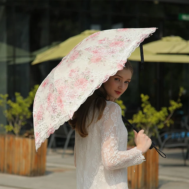 Paraguas de doble capa para mujer, sombrilla de encaje con estampado de  flores, 3 pliegues, a