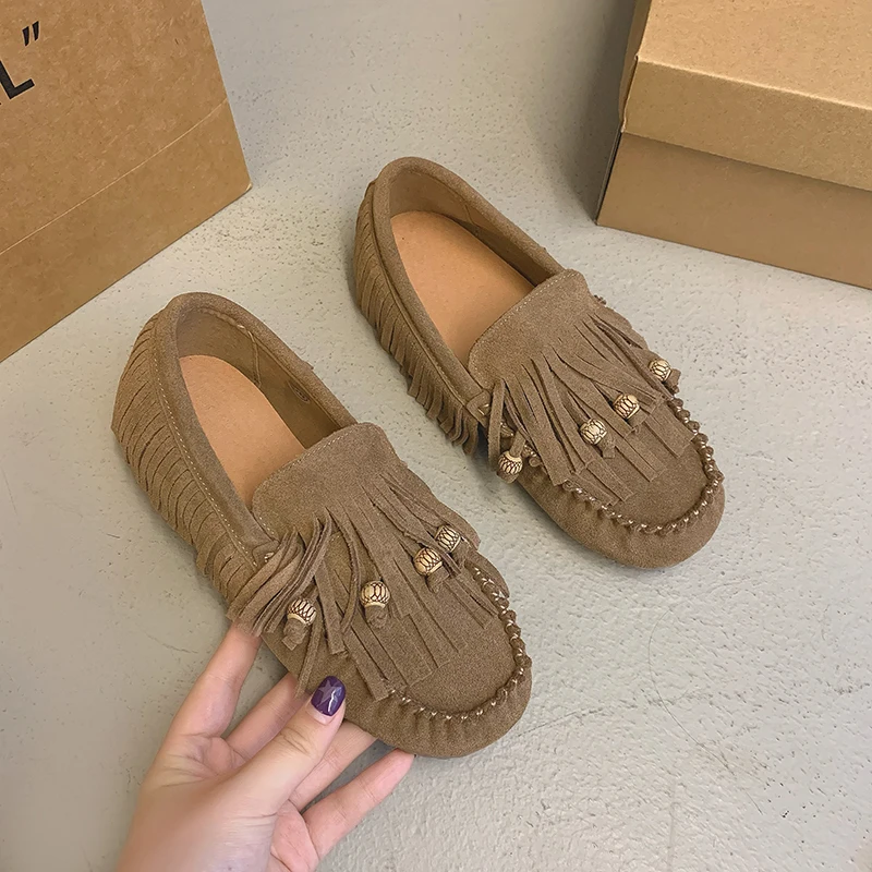 2024 Summer All-match Flat Bean Shoes Slip-on Lazy Women's Shoes Soft Soles Shallow Mouth Retro Tassel Women's Shoes 3