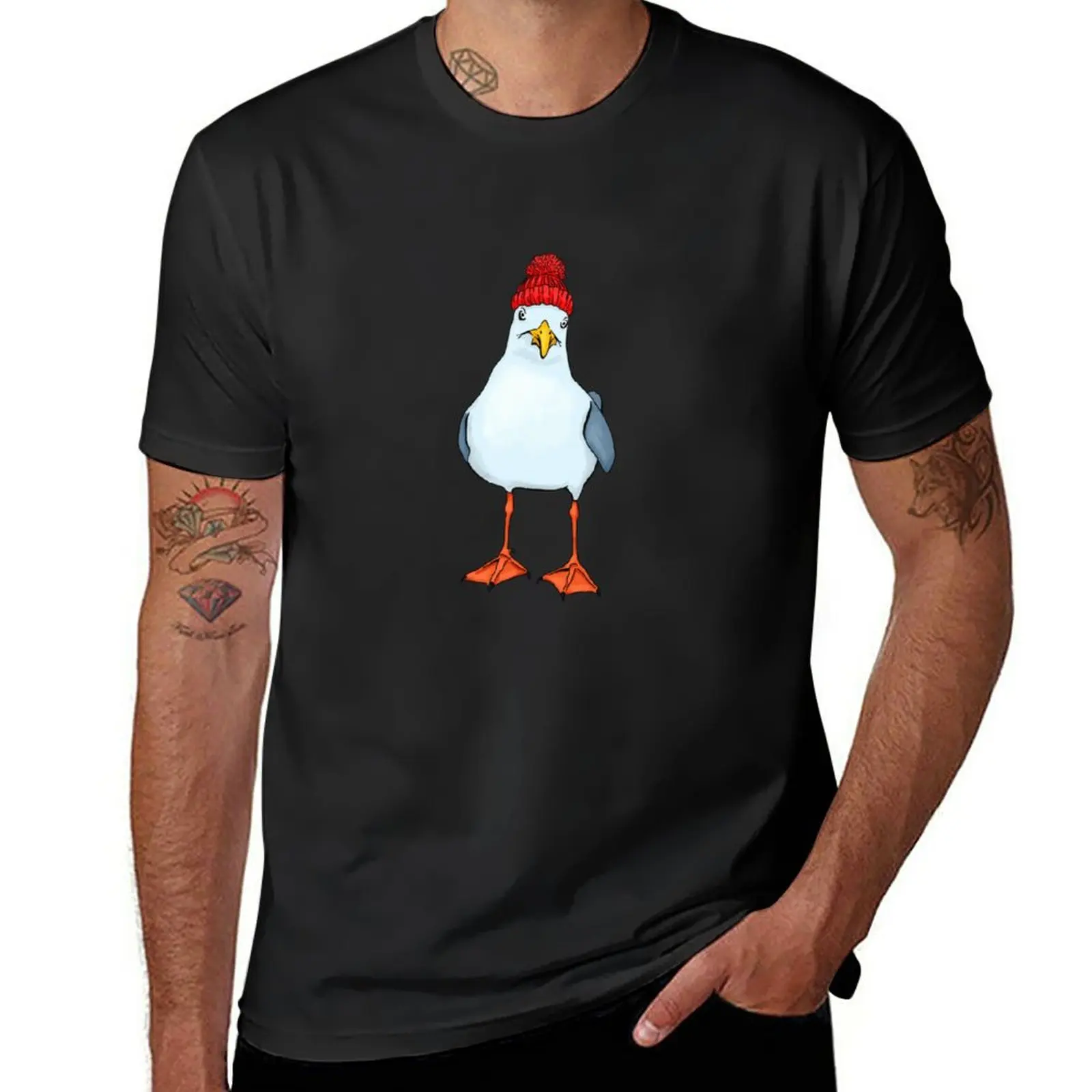 

New Baby, it's cold outside - funny seagull in a red knitted hat hand drawn picture T-Shirt sublime t shirt men graphic t shirts